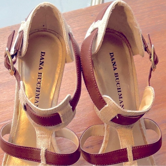 Linen + Leather Heels Tan Women’s Size 8 M NEW Without Box 2.5” Heel Gold Buckle - Picture 9 of 9